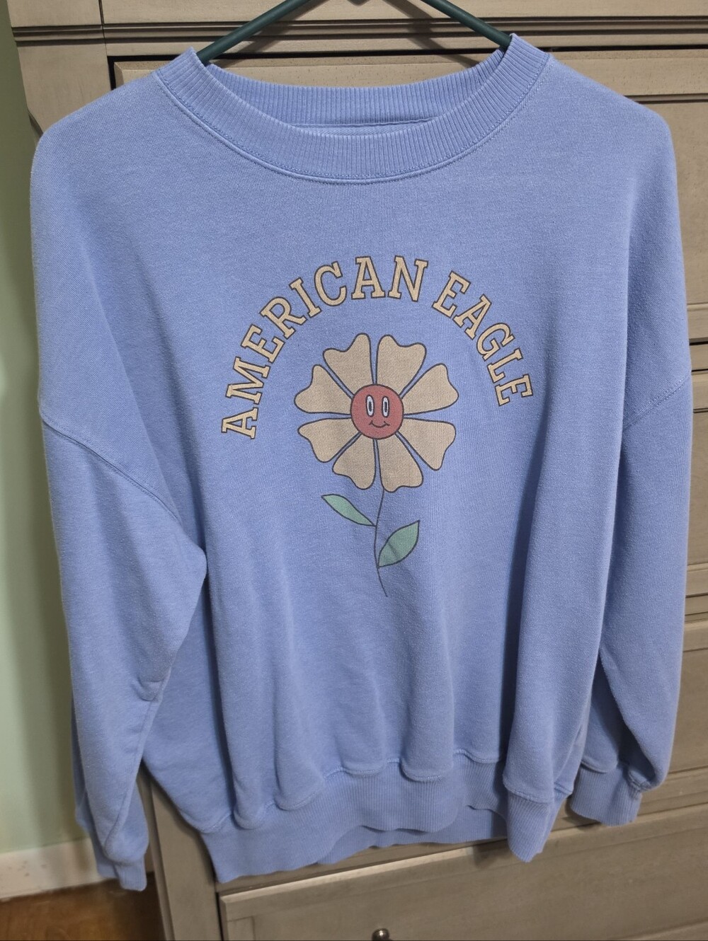 American Eagle Outfitters Women's Light Blue Graphic Sweatshirt - Happy Flower